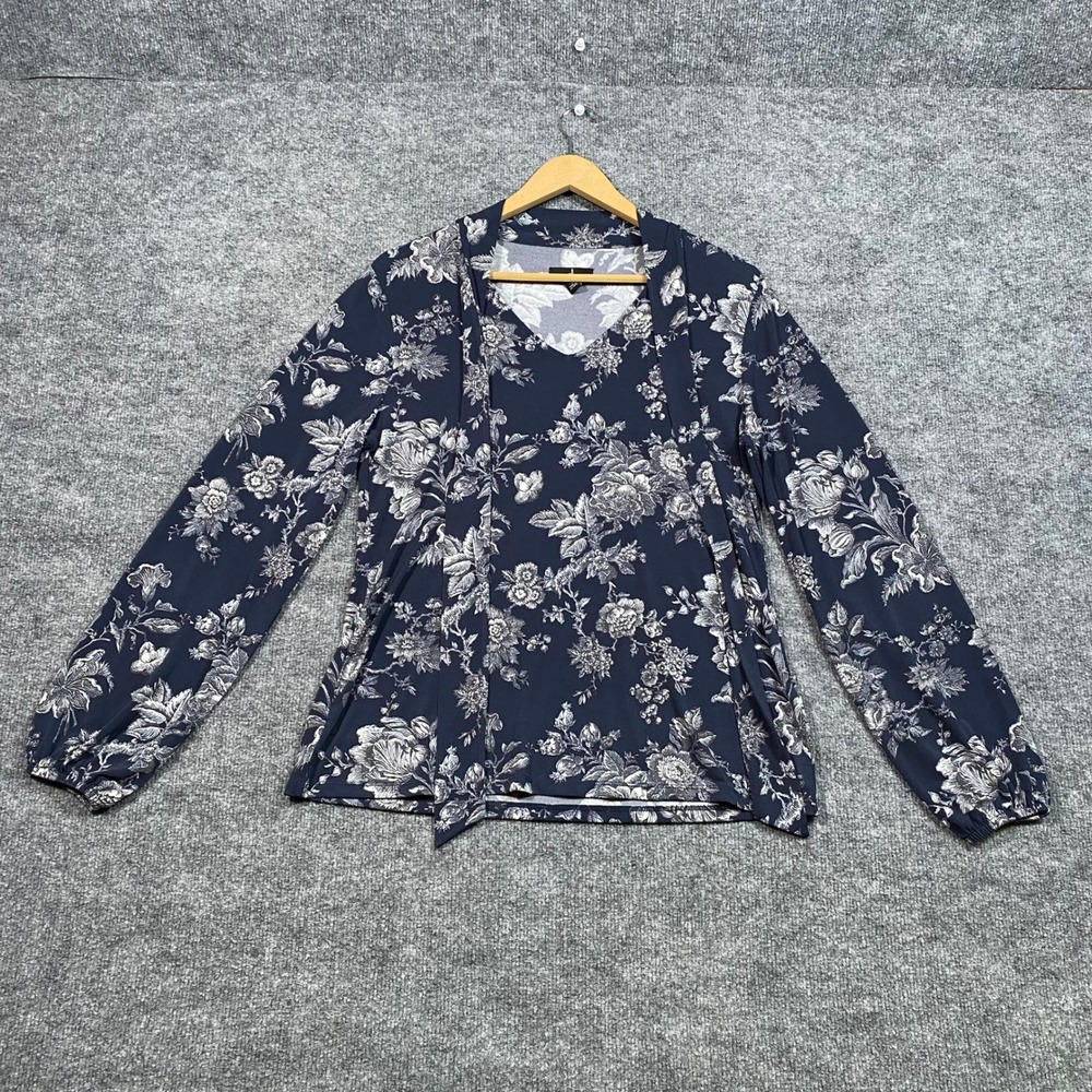 J Jason Wu Navy Floral V-Neck Tie Blouse Long Sleeve Stretch Top Small A452616